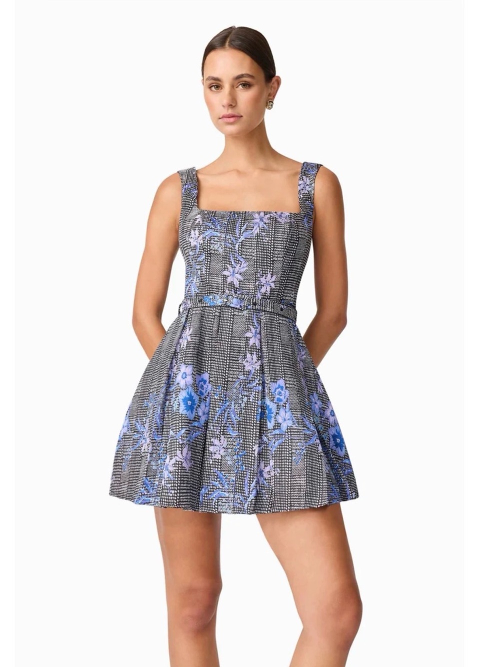 NWT Elliatt Floral Check Square-Neck Mini Dress in Blue